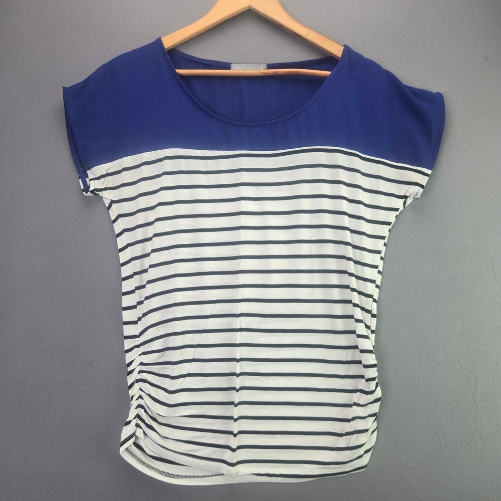 Olivia Moon Top Medium Blue White Striped Ruched Side Mixed Media Short Sleeve